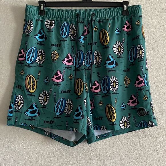Neff NEW NWT Men's Novelty Print Swim Trunks Green Peace 7" Inseam Size XL - Picture 4 of 8